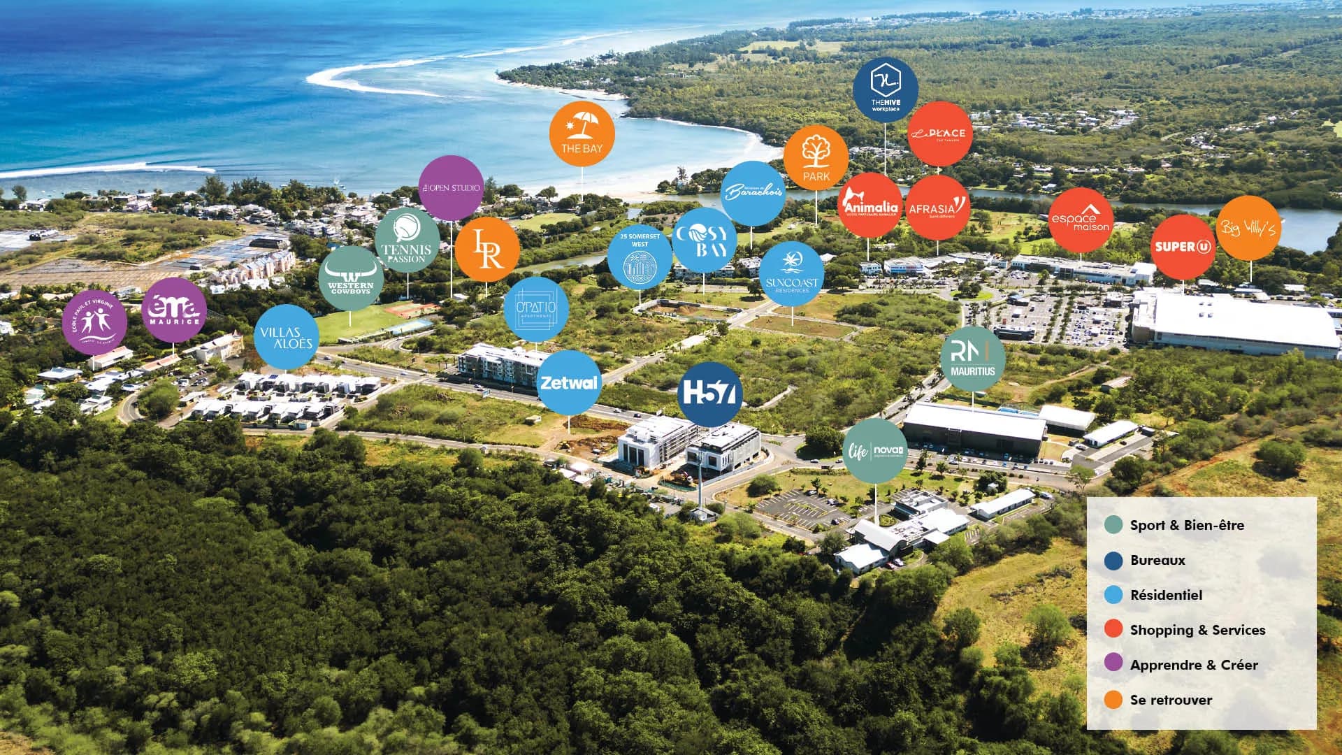 Masterplan of Cap Tamarin, showing residences, offices, retail, the school and the riverside park around the bay