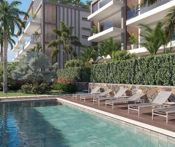 Apartment terrace and pool at Suncoast, Cap Tamarin